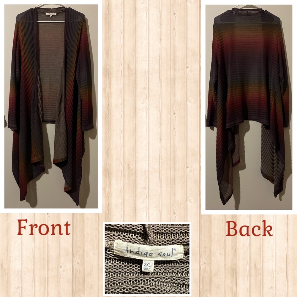 Beautiful Indigo Soul Cardigan Drop Front Soft Knit Deep Rainbow Colors Large
